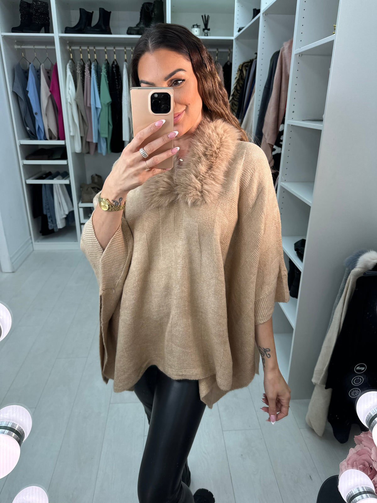 Karsyn Faux Fur Trim Knitted Poncho