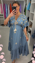 Lillie Embellished Deep V Neck Denim Maxi Dress