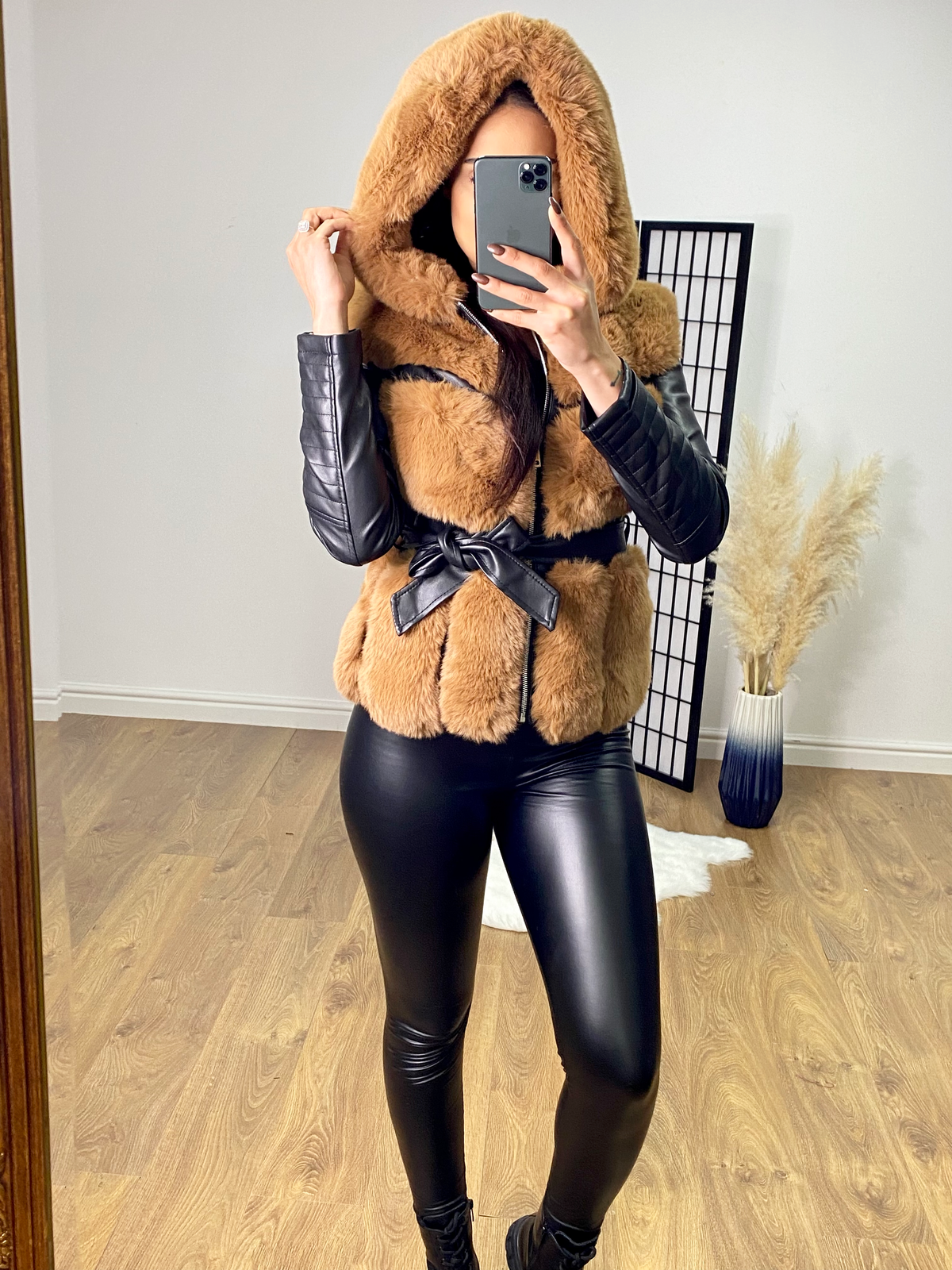 Kynlee Tan Faux Fur Panelled Black Faux Leather Belted Jacket