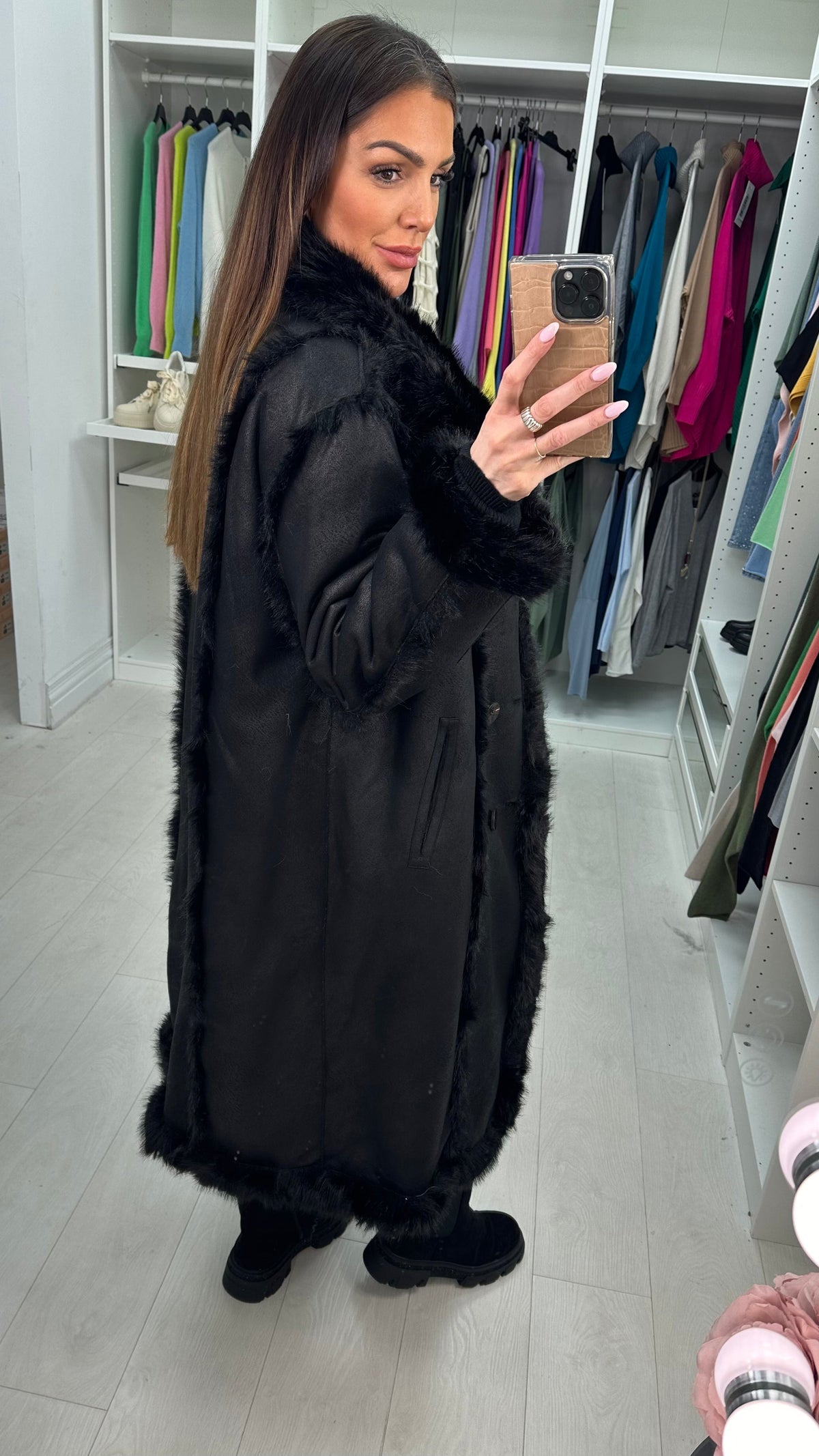 Gracey Faux Fur/Faux Suede Reversible Longline Coat