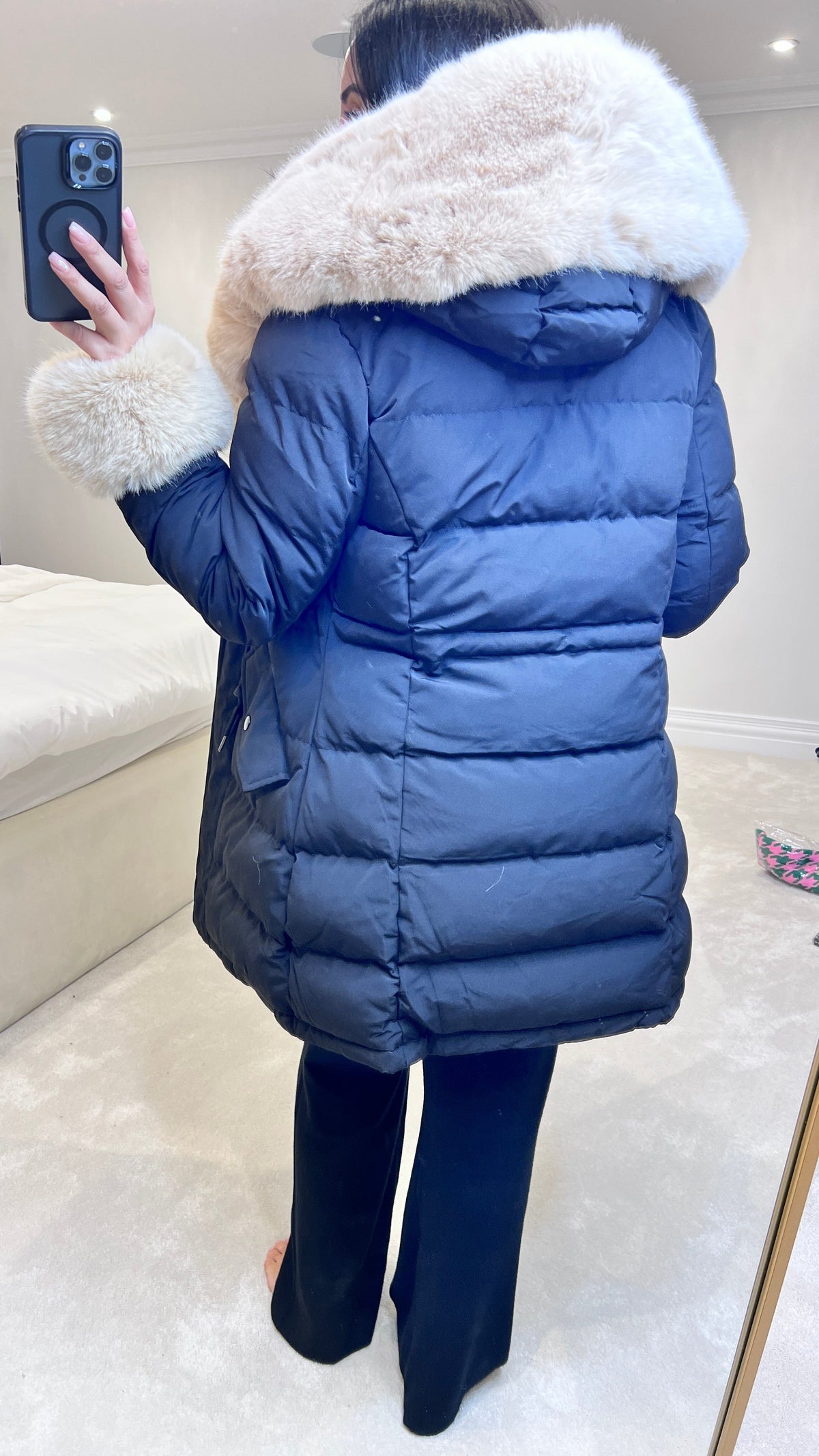 Vienna Black/Beige Luxury Faux Fur Trim Coat