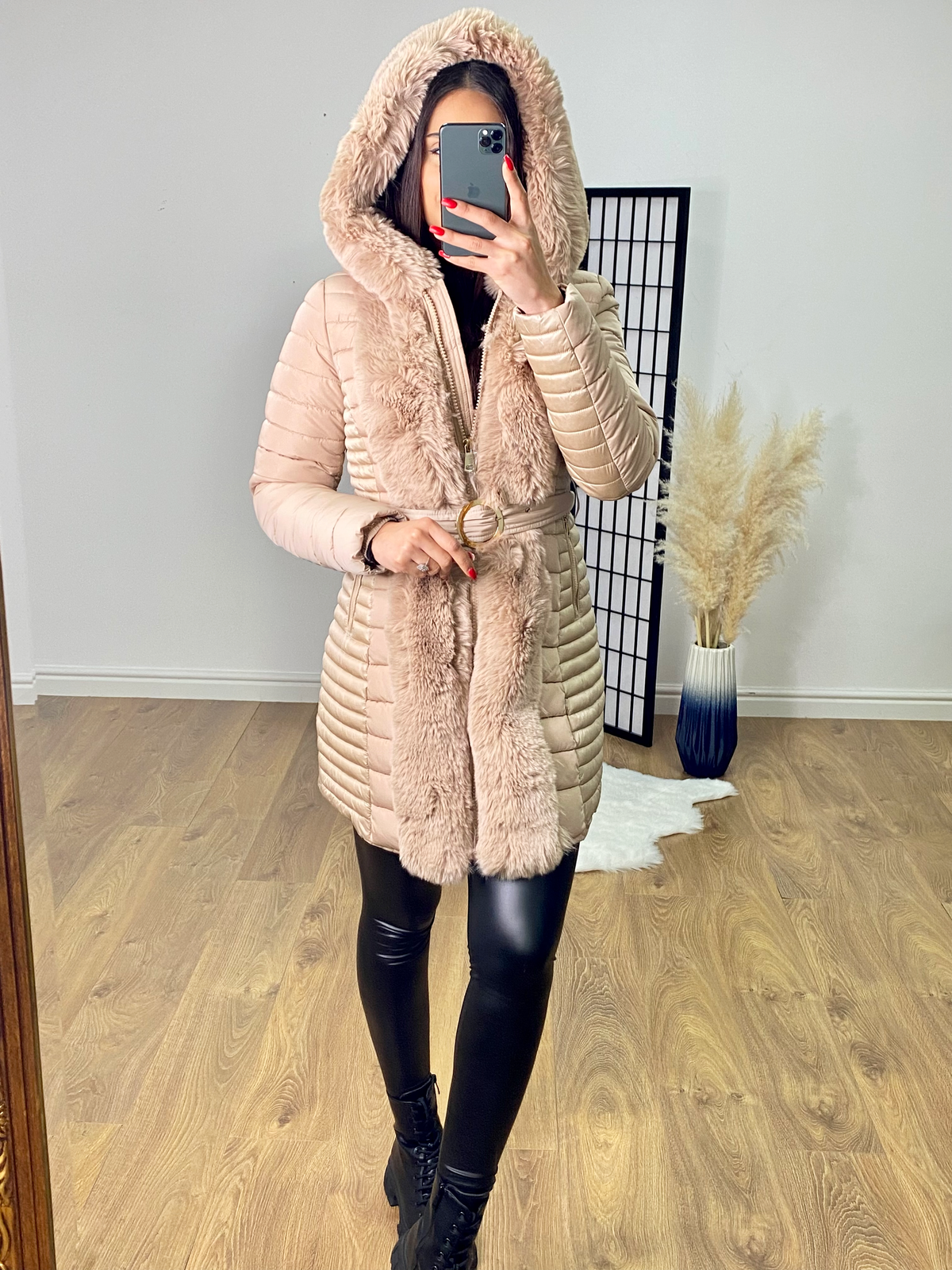 Elvire Beige Faux Fur Hooded Wet Look Padded Coat