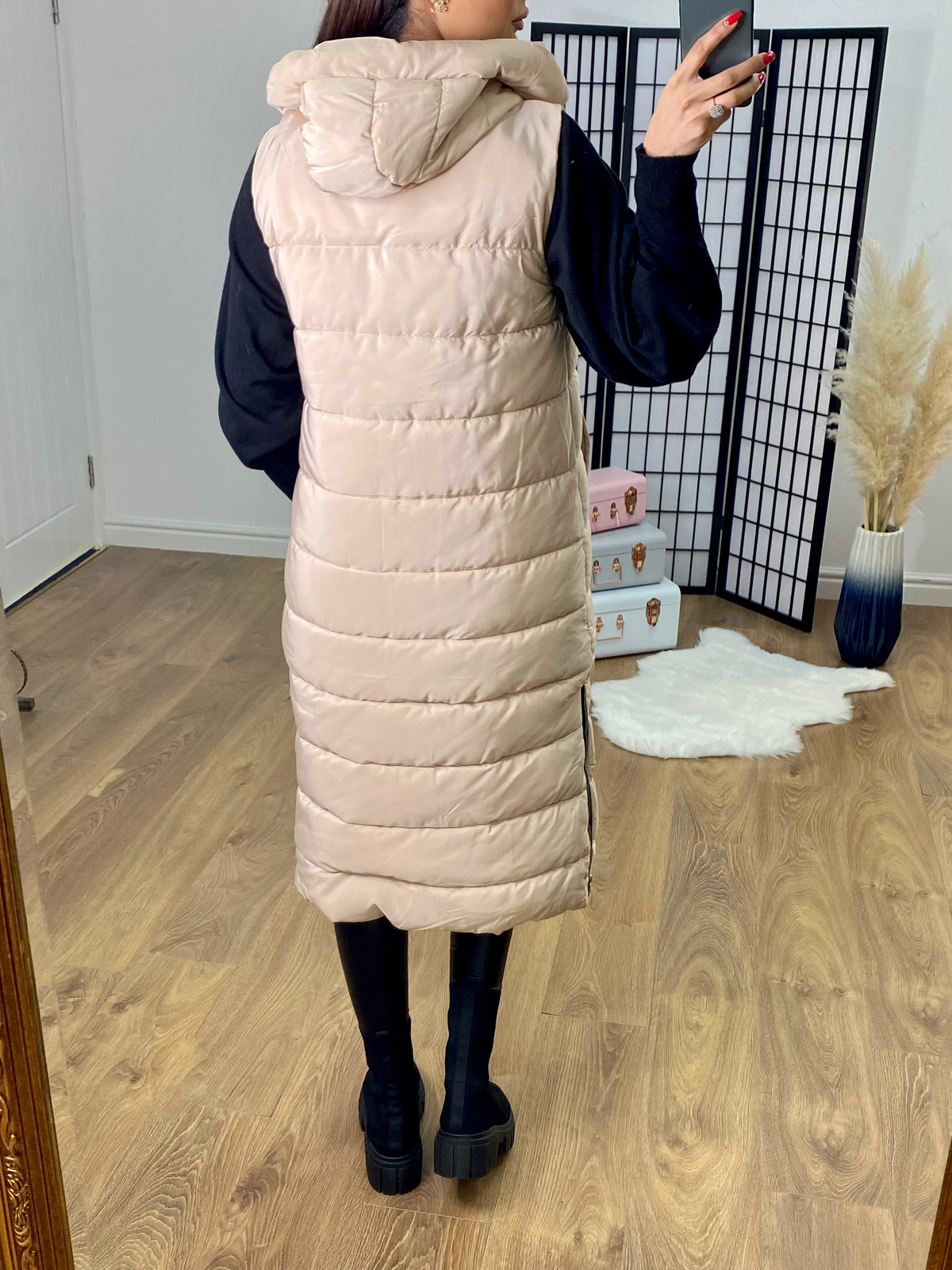 Ellison Beige Hooded Longline Puffer Gilet