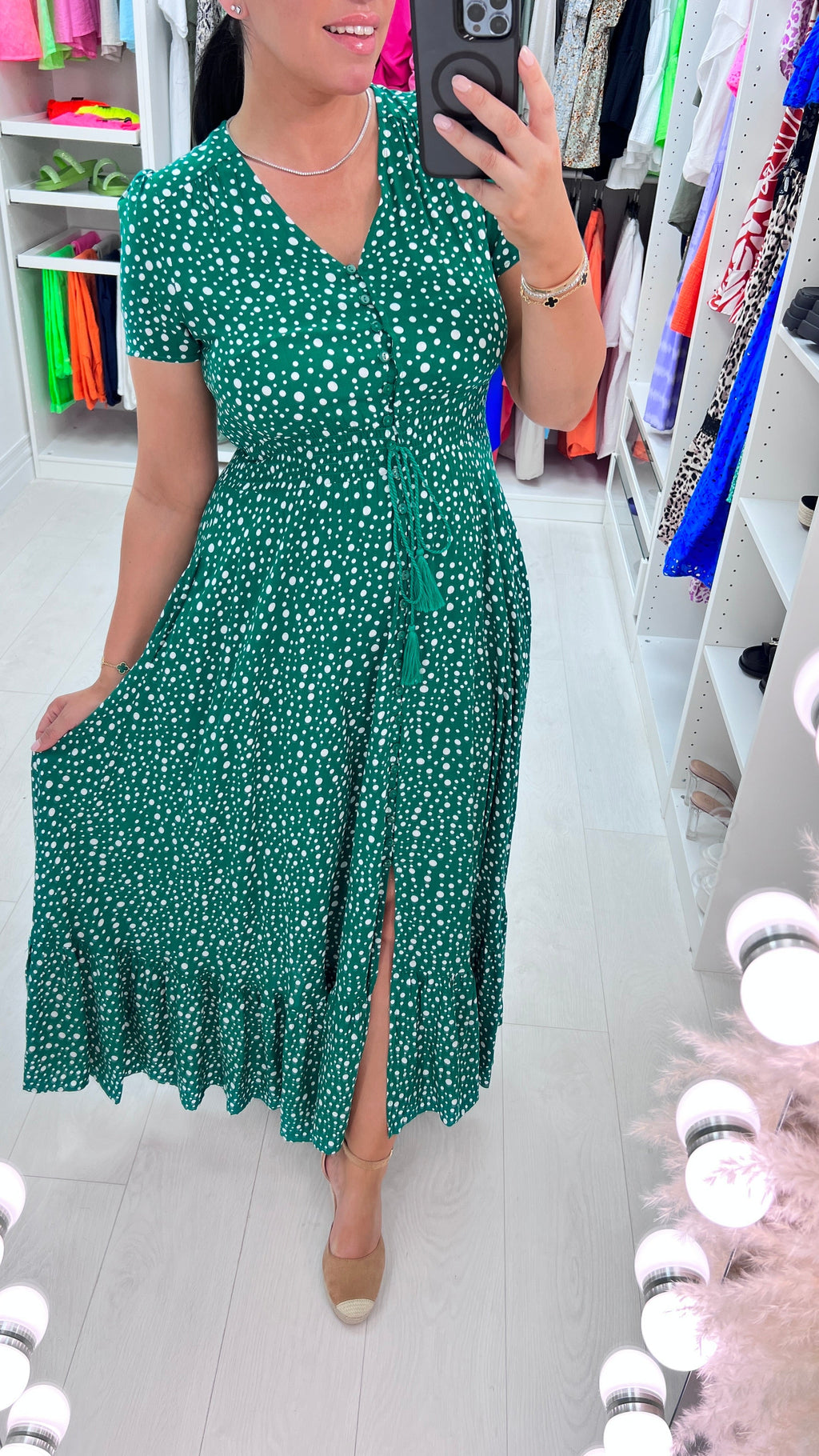 Ajda Emerald Polka Print Frill Hem Maxi Dress