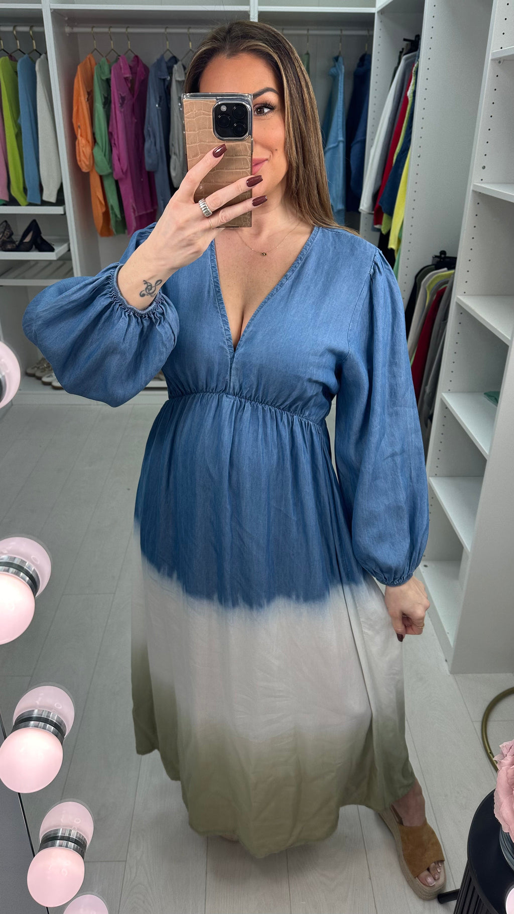 Julia Deep V Neck Denim Ombre Maxi Dress