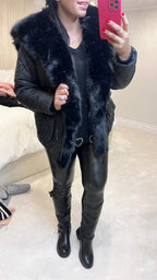 Olympia Black Short Quilted Faux Fur Trim Coat