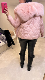 Olympia Pink Short Quilted Faux Fur Trim Coat