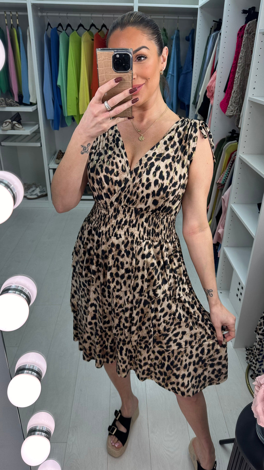 Jessica Leopard Print Shirred Waist Midi Dress