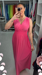 Kaci Plain Shirred Waist V Neck Maxi Magic Dress