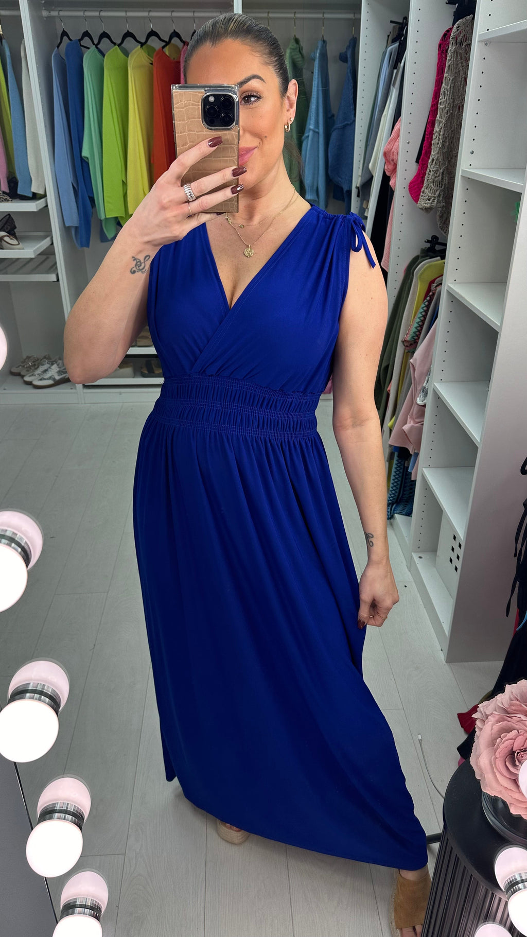 Kaci Plain Shirred Waist V Neck Maxi Magic Dress