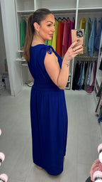 Kaci Plain Shirred Waist V Neck Maxi Magic Dress
