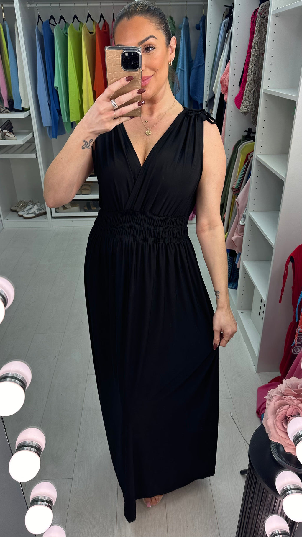 Kaci Plain Shirred Waist V Neck Maxi Magic Dress