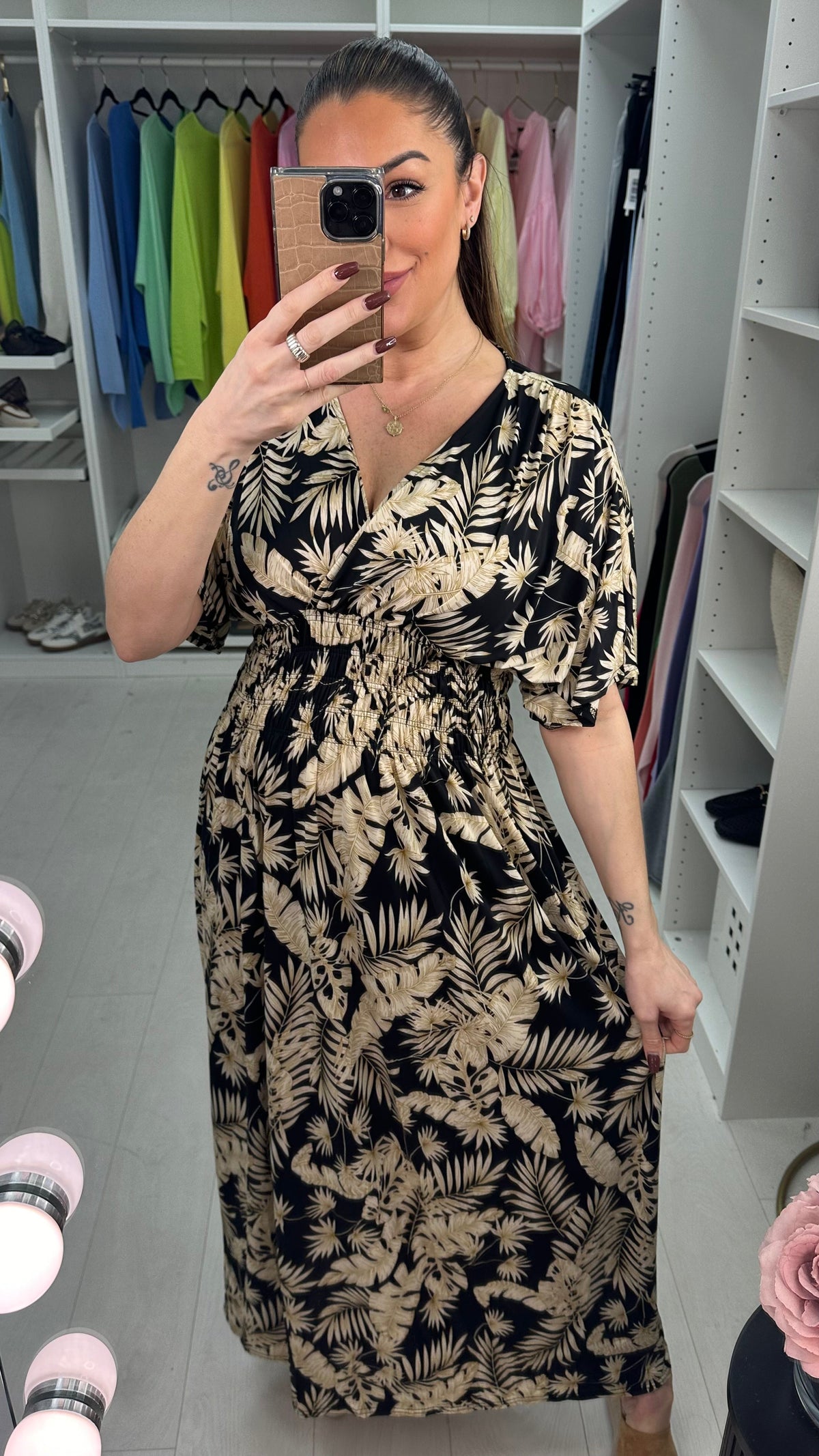 Livvy Leaf Print Shirred Waist Magic Maxi Dress