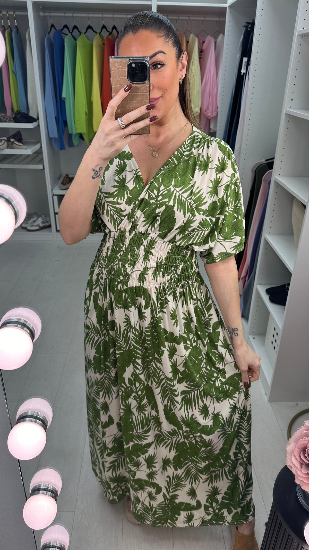 Livvy Leaf Print Shirred Waist Magic Maxi Dress