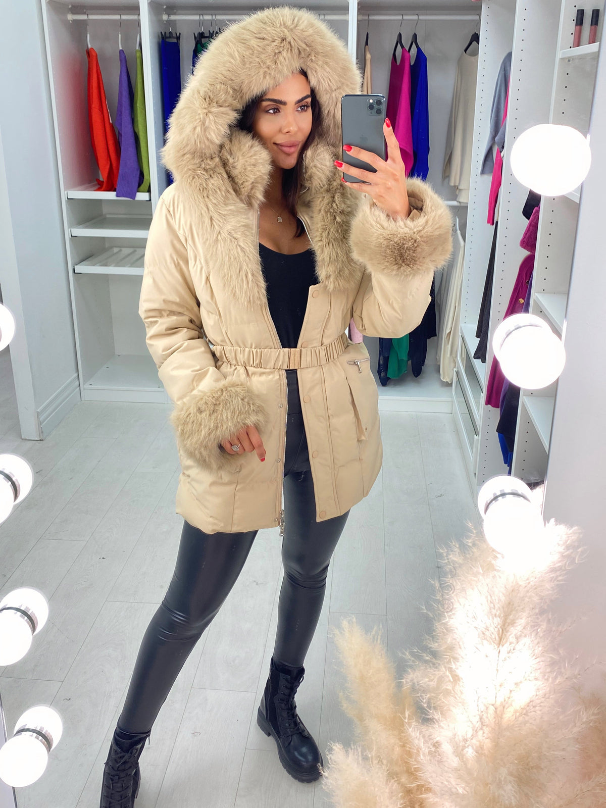 Noneya Beige Faux Fur Hooded Belt Coat