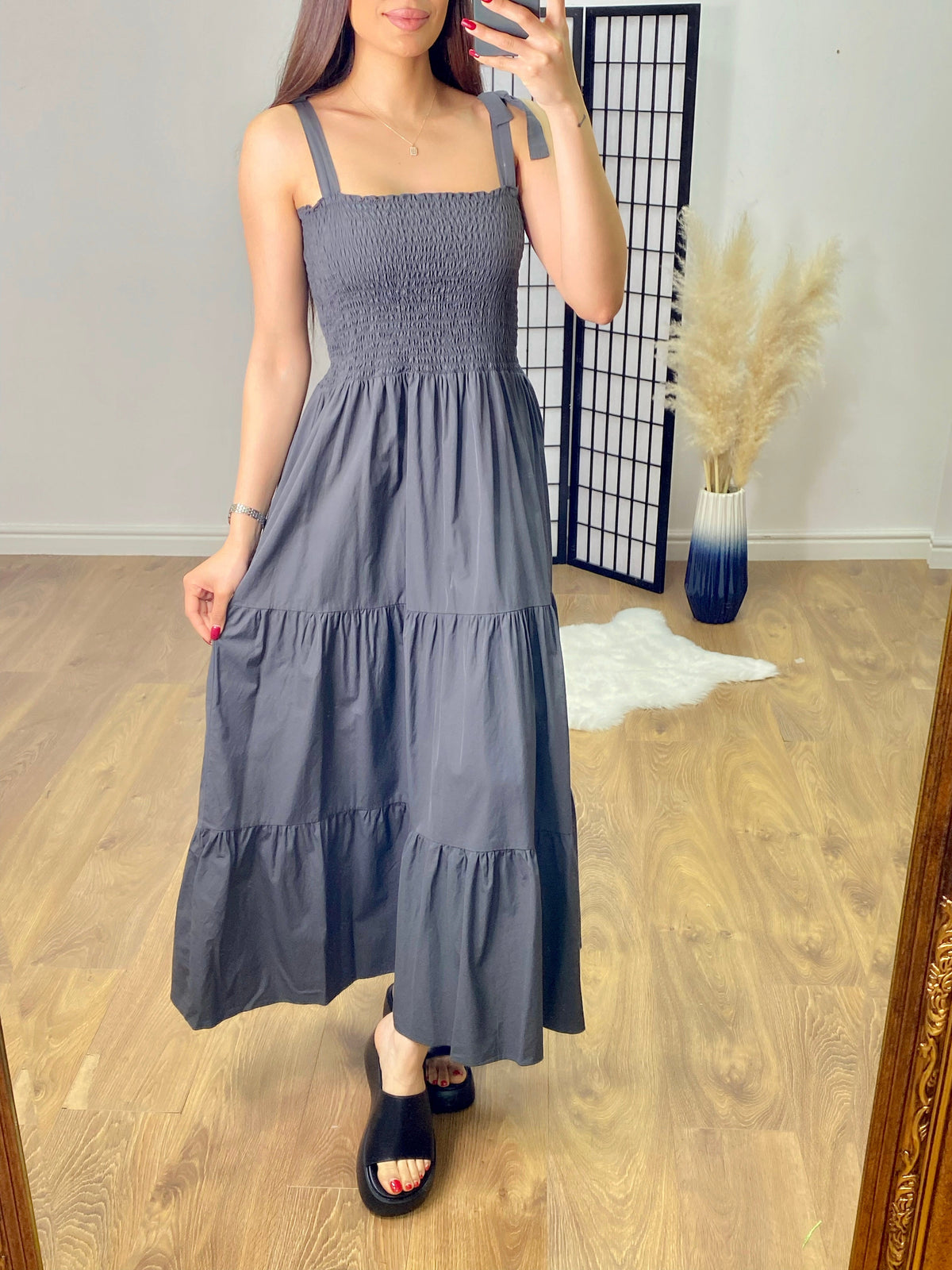 Leonardo Plain Shirred Tiered Hem Maxi Dress