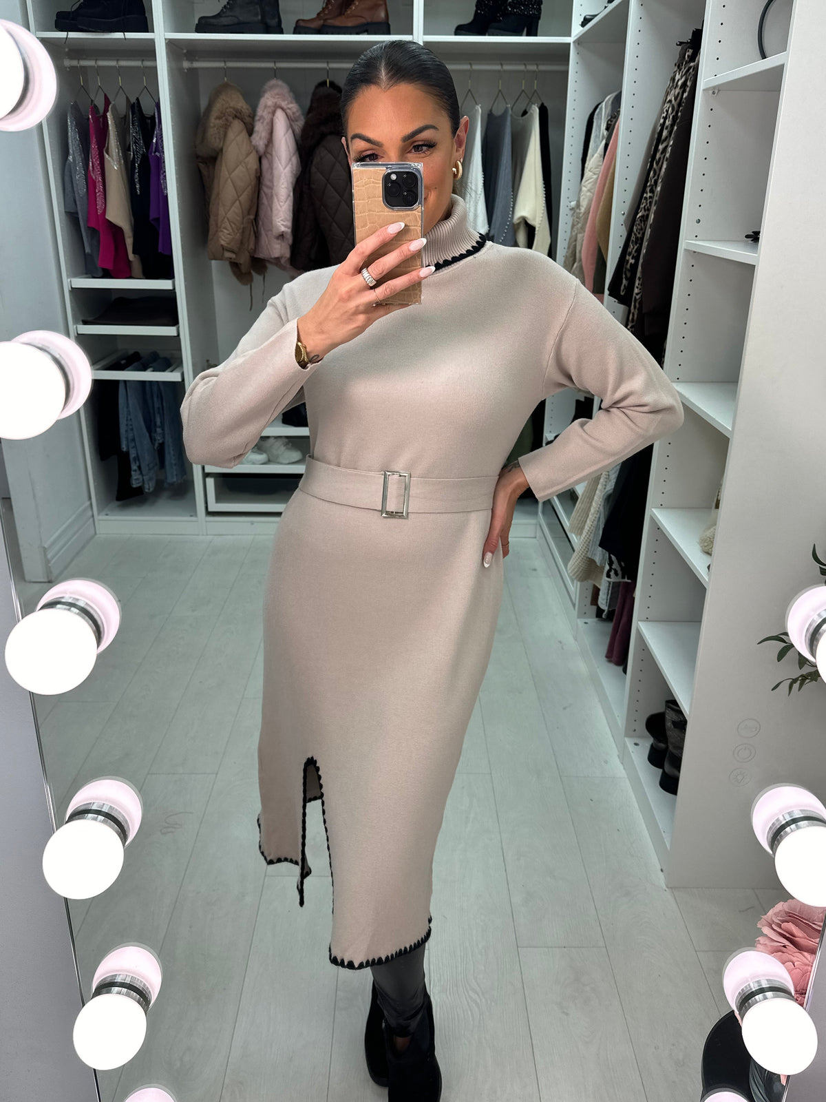 Celeste Stitch Detail Belted Jumper Dress