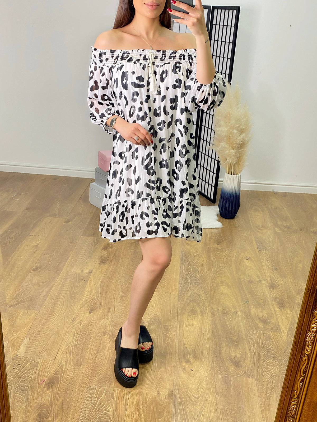 Sharlot Lurex Leopard Print Bardot Dress