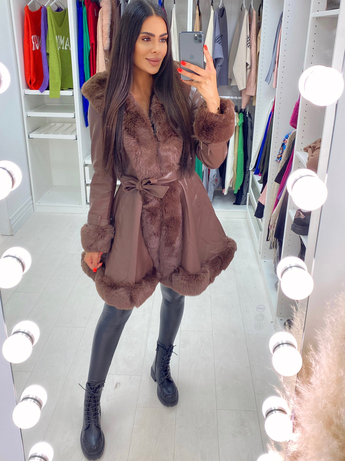 Stephanie Chocolate Faux Fur Trim Faux Leather Coat
