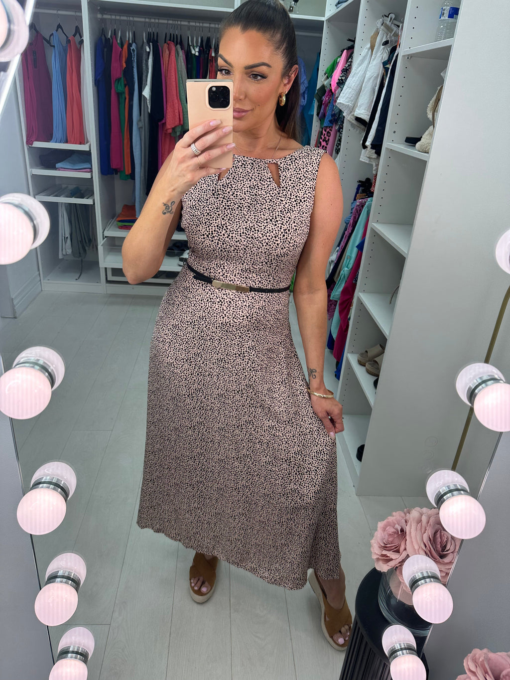 Shenner Beige Pebble Print Cut Out Dress