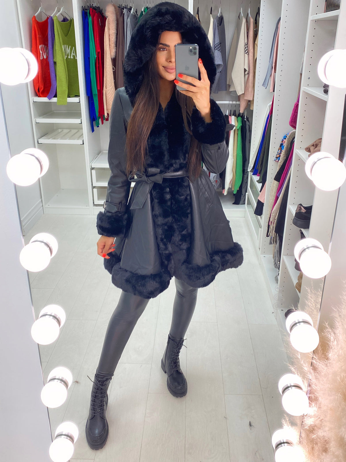 Stephanie Black Faux Fur Trim Faux Leather Coat
