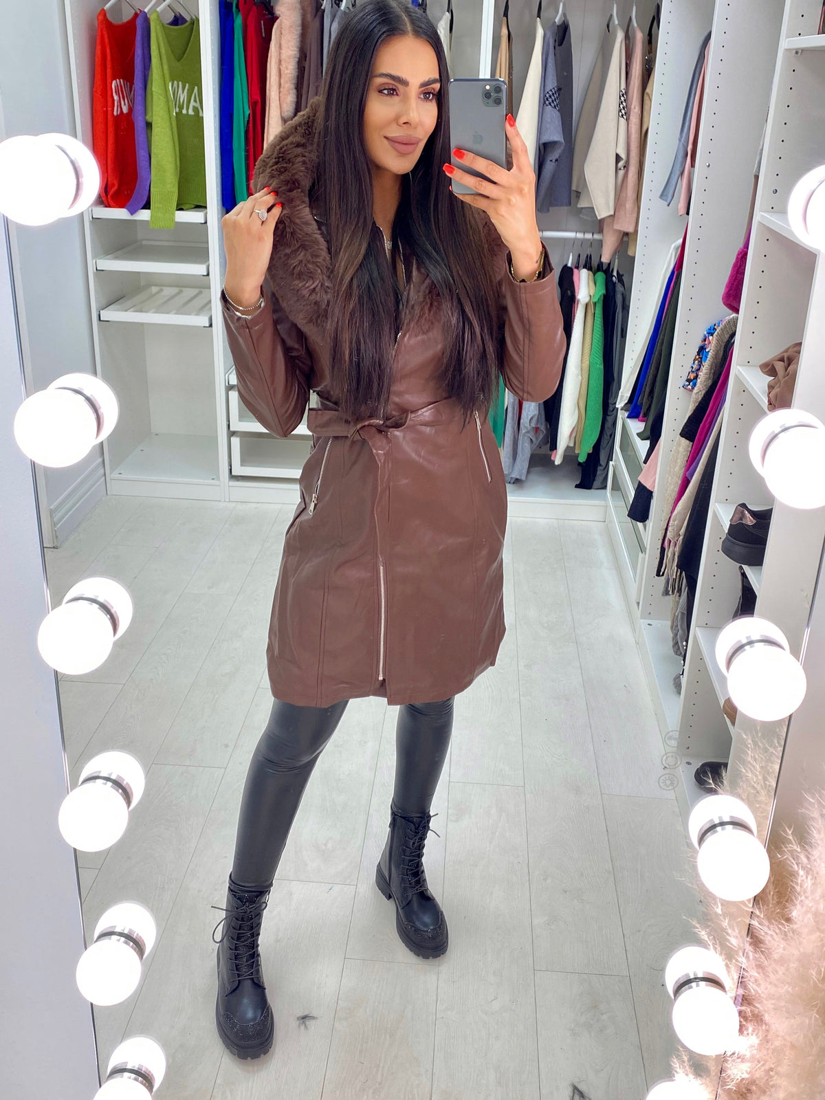 Denis Chocolate Faux Fur Hooded Belted Coat