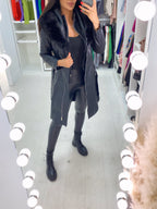 Denis Black Faux Fur Hooded Belted Coat