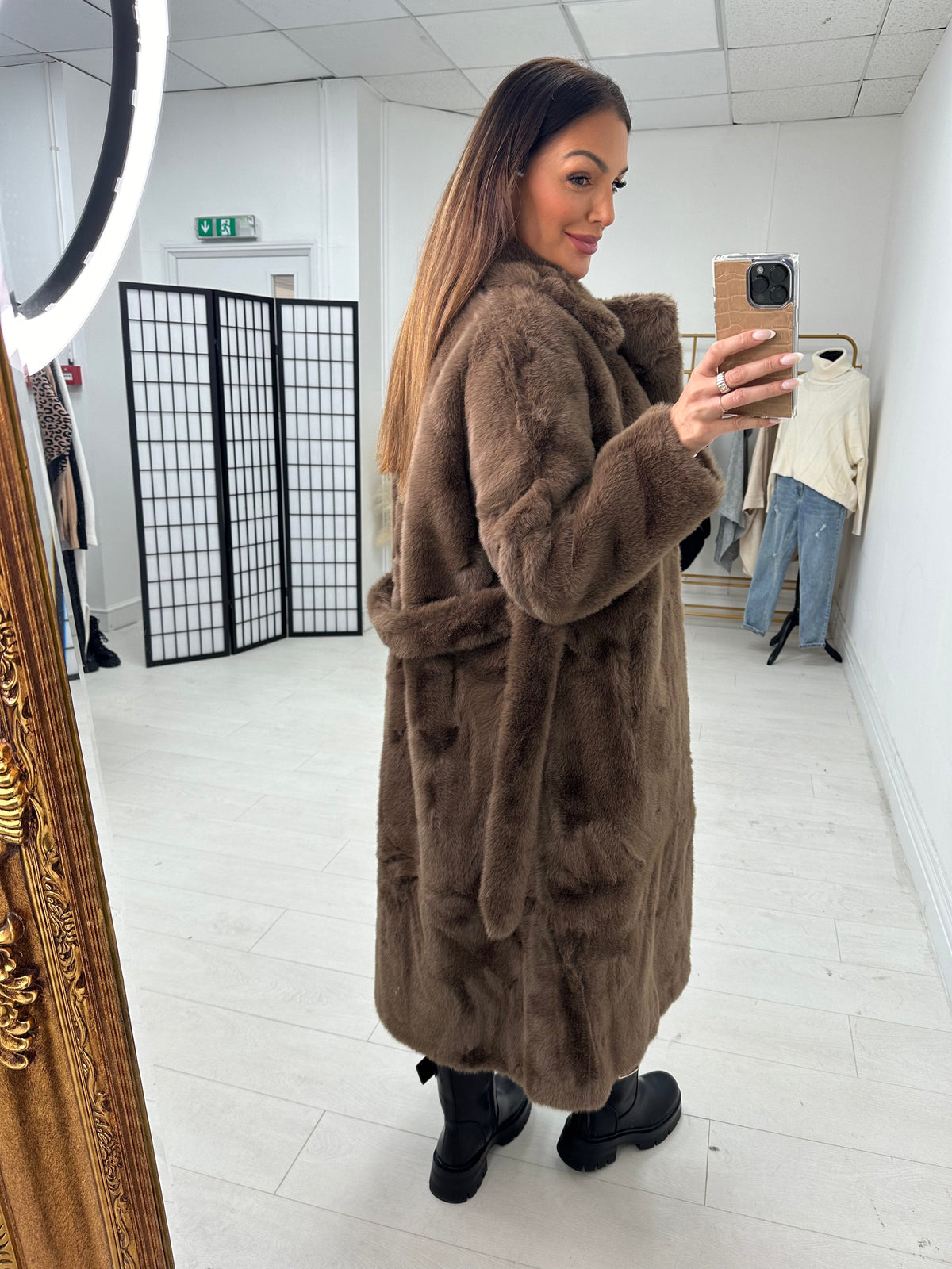 Michelle Faux Fur Belted Long Coat