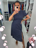 Gallia Navy Polka Dot Split Shift Dress