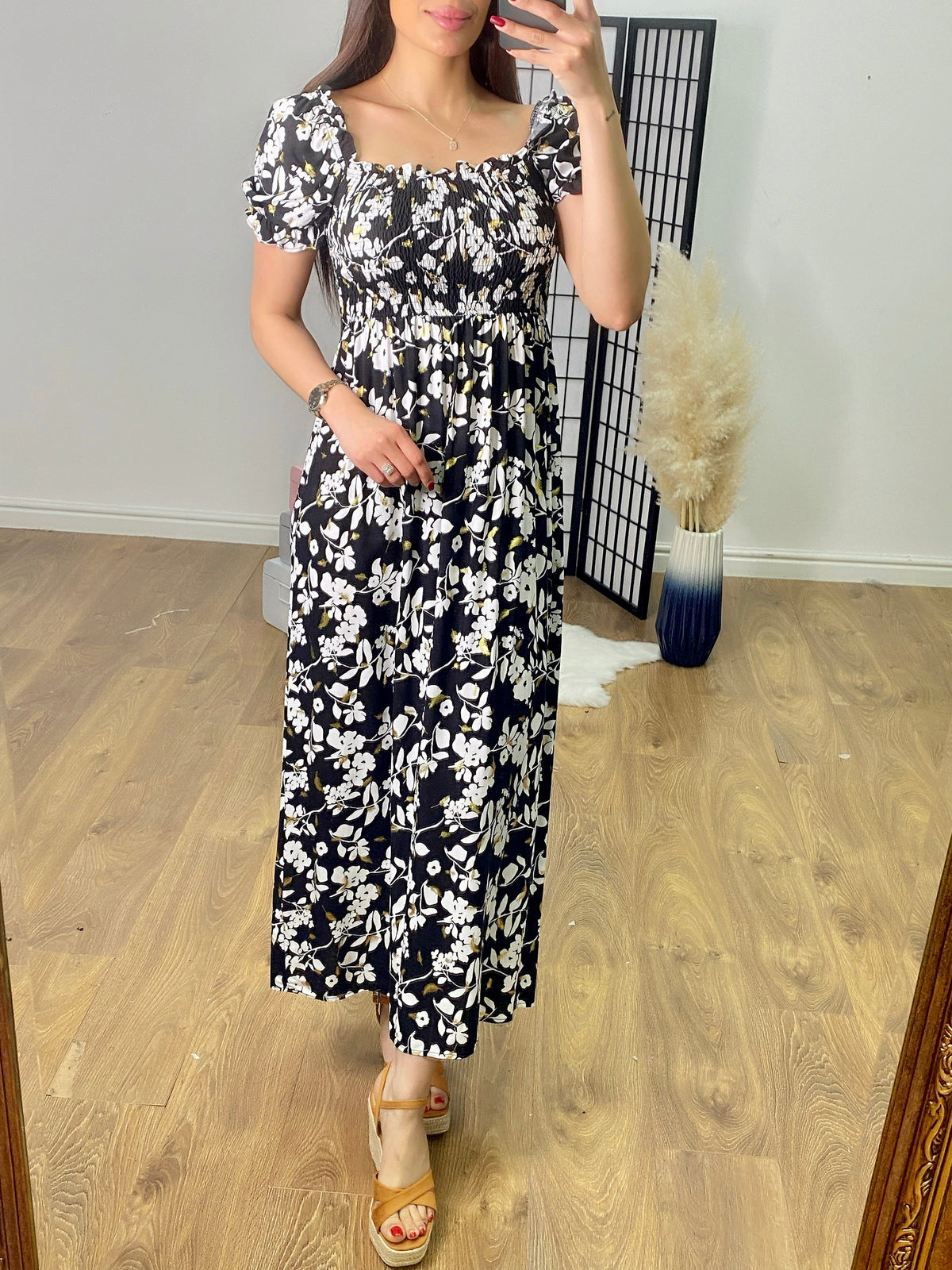 Alicante Elasticated Bust Floral & Feather Print Dress