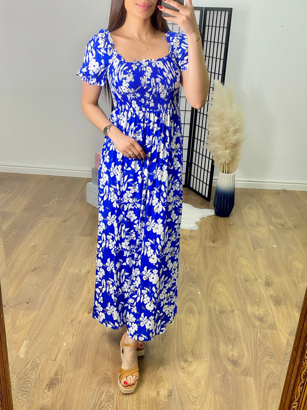 Alicante Elasticated Bust Floral & Feather Print Dress
