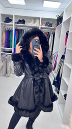 Stephanie Black Faux Fur Trim Faux Leather Coat