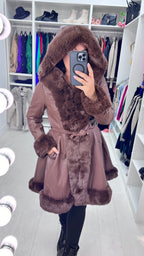 Stephanie Chocolate Faux Fur Trim Faux Leather Coat