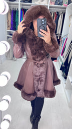 Stephanie Chocolate Faux Fur Trim Faux Leather Coat