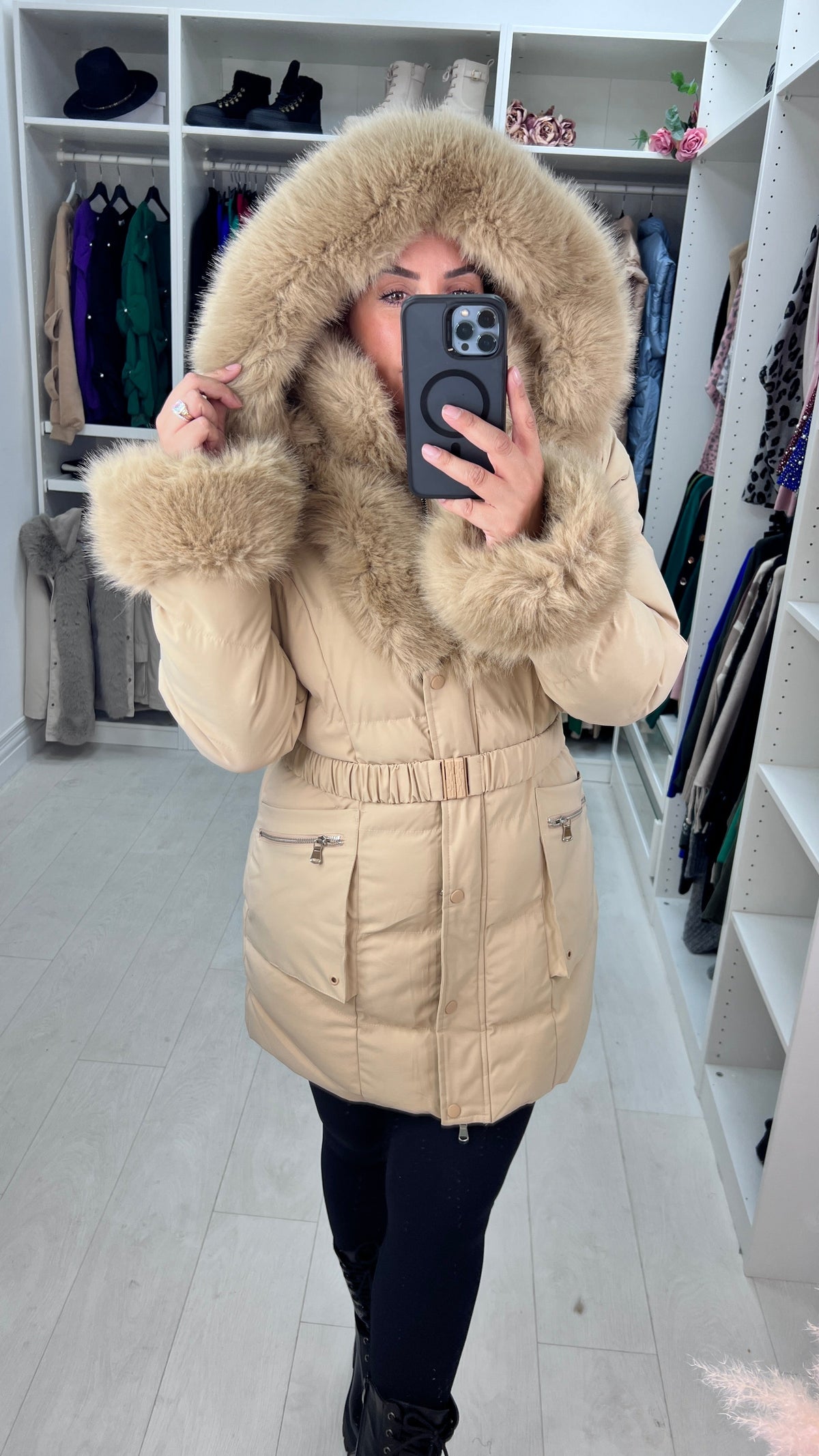 Noneya Beige Faux Fur Hooded Belt Coat
