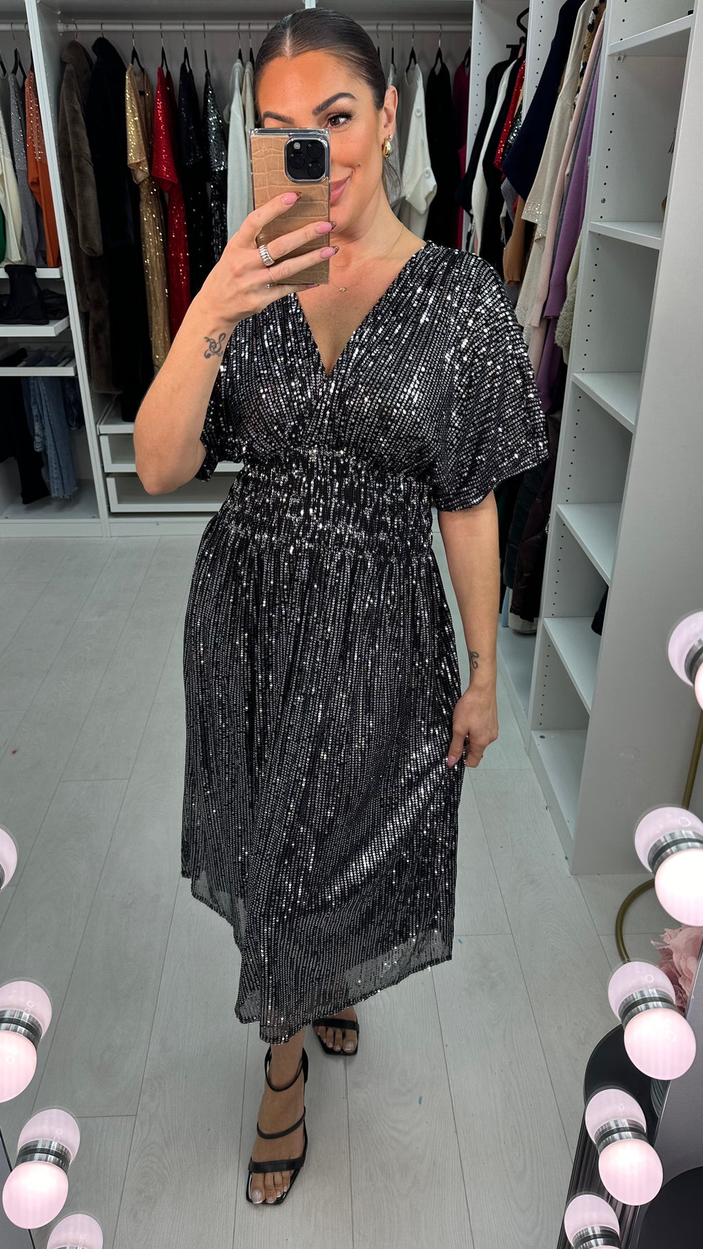 Tasmin Sequin Shirred Waist Midi Dress