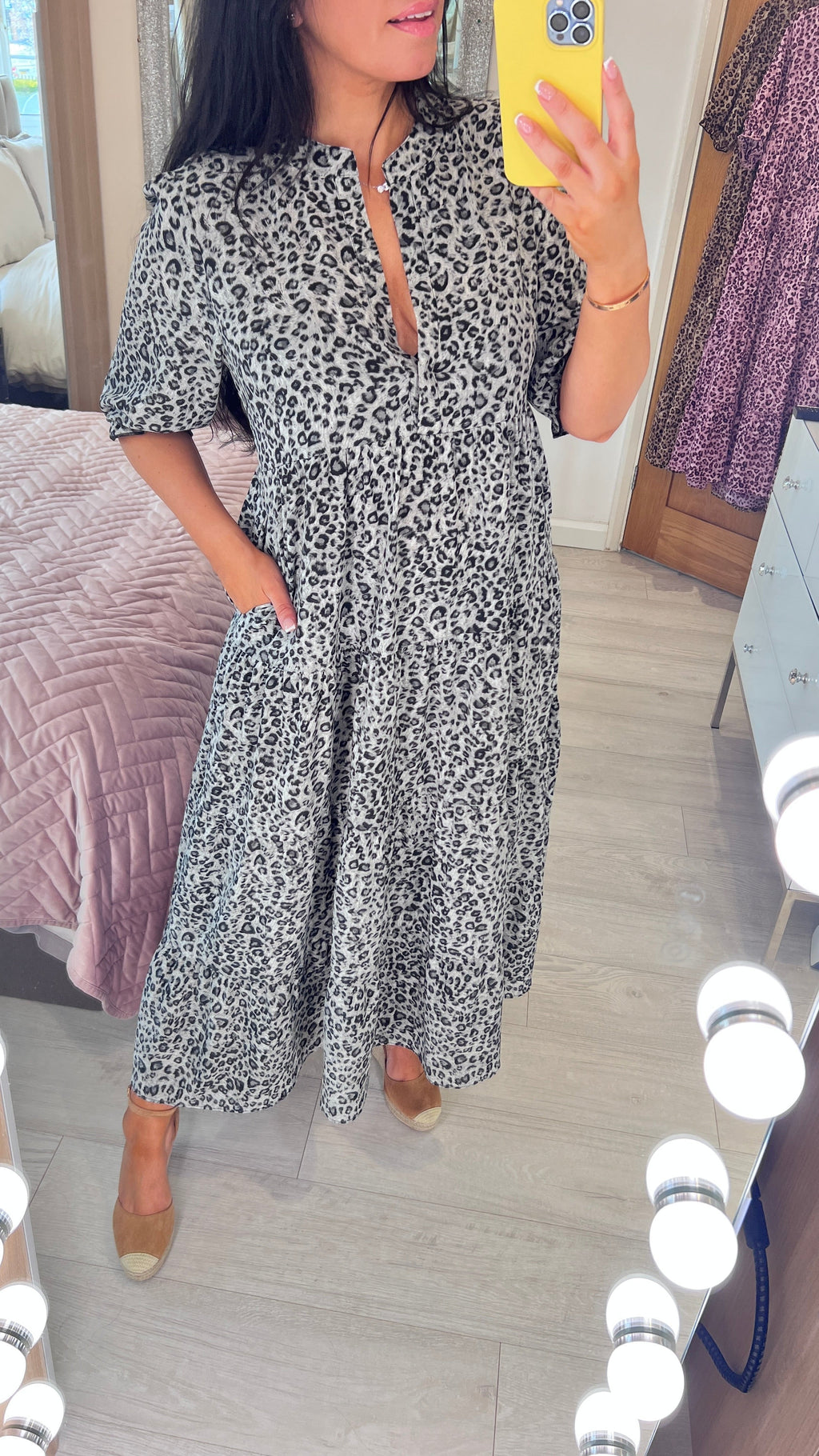 Acorn Leopard Print 3/4 Sleeve Smock Maxi Dress
