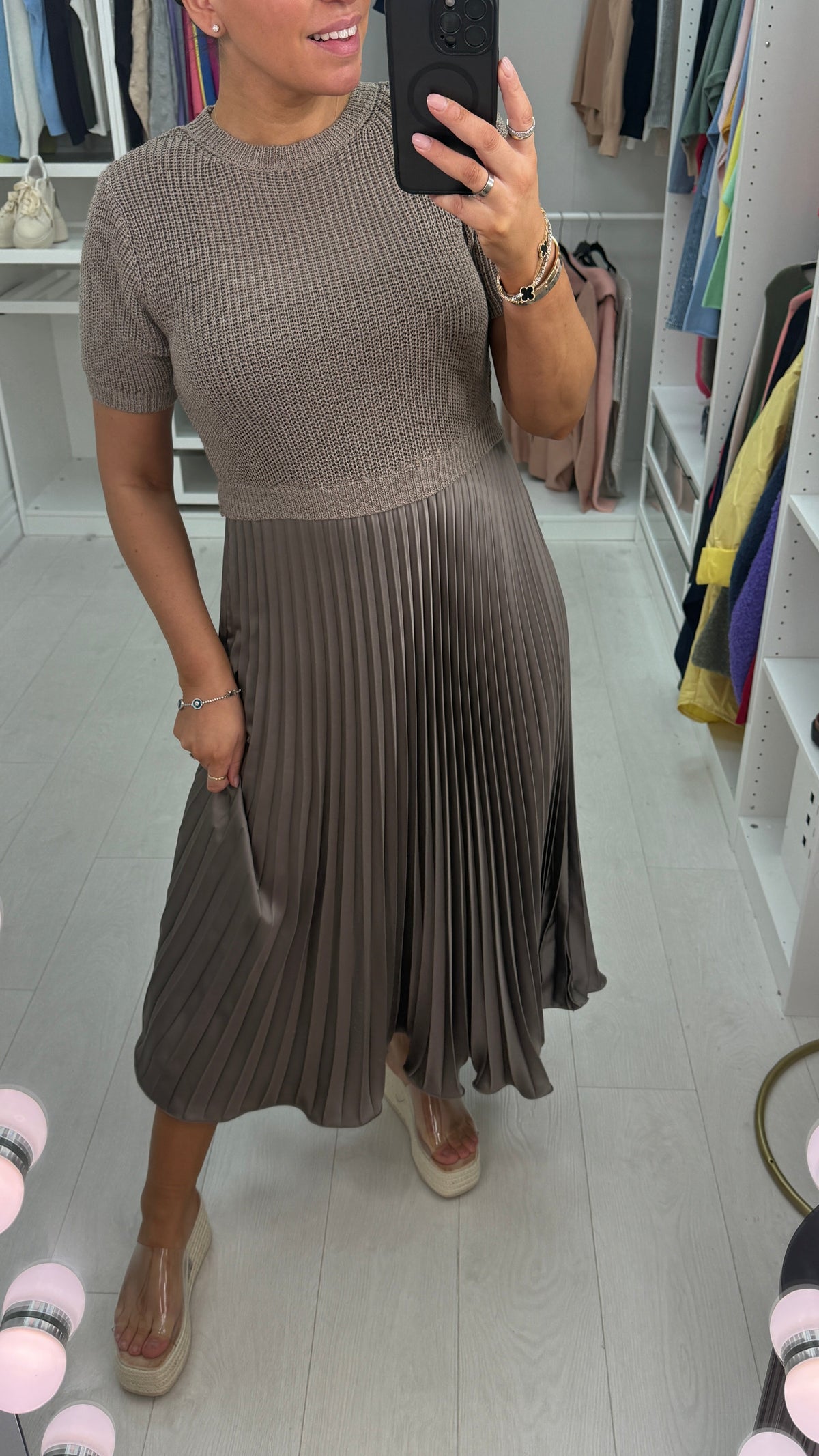 Alaina Plain 2-In-1 Knitted Top Silk Pleated Dress