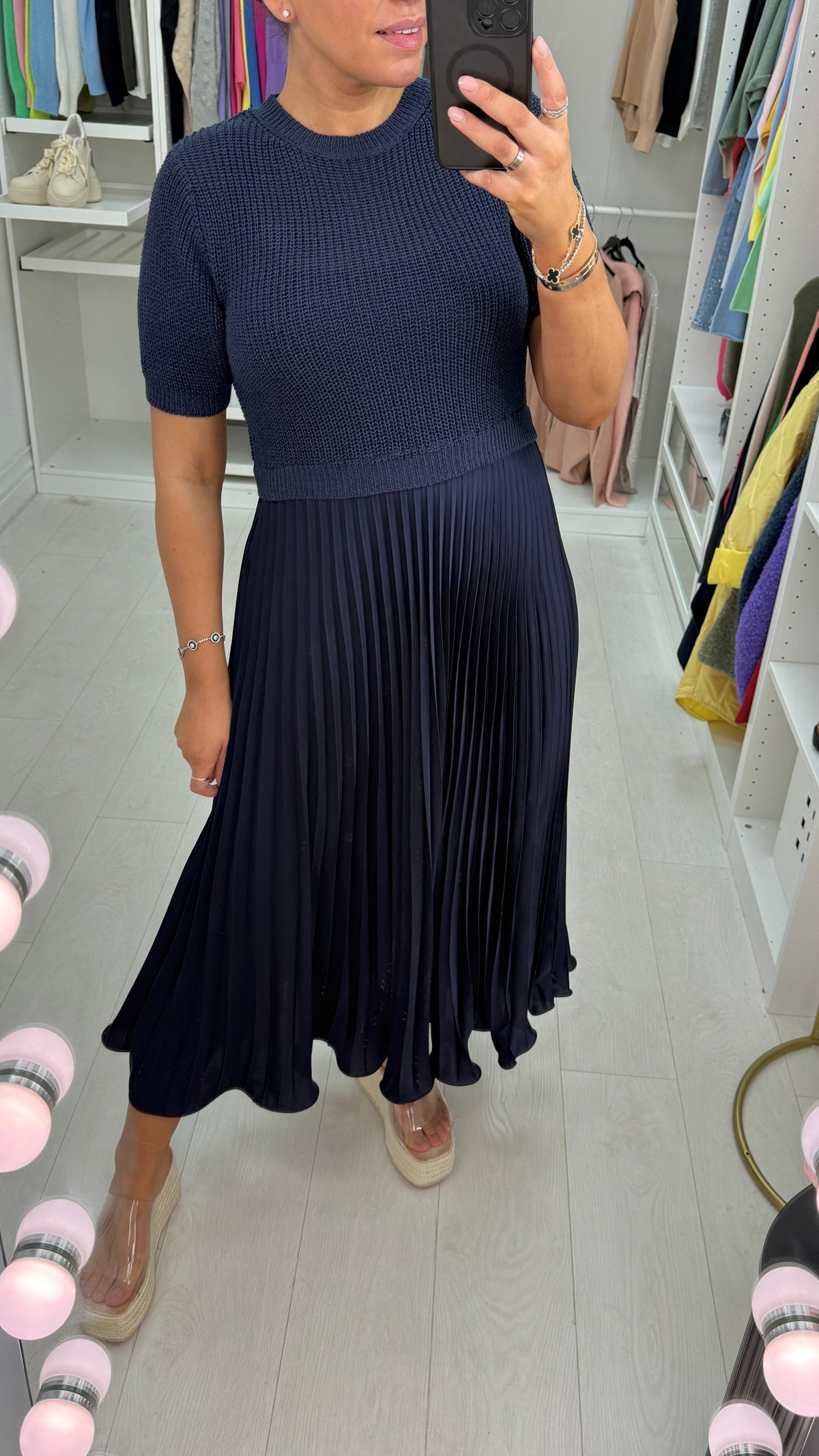 Alaina Plain 2-In-1 Knitted Top Silk Pleated Dress