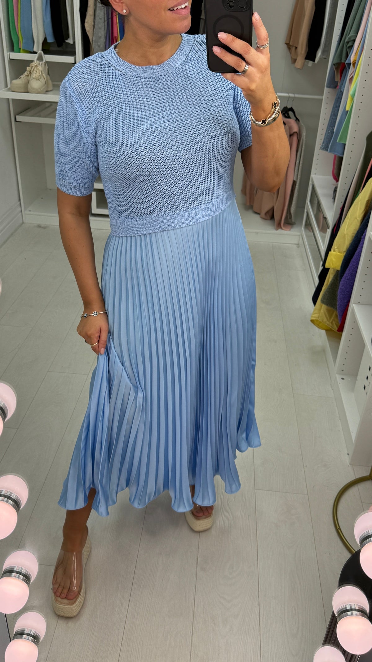 Alaina Plain 2-In-1 Knitted Top Silk Pleated Dress