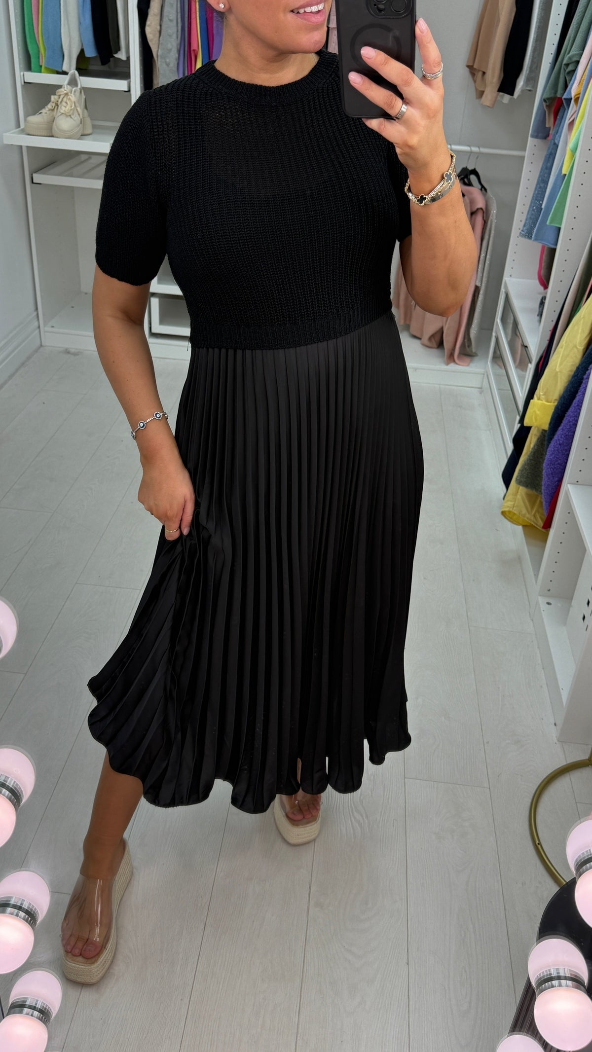 Alaina Plain 2-In-1 Knitted Top Silk Pleated Dress