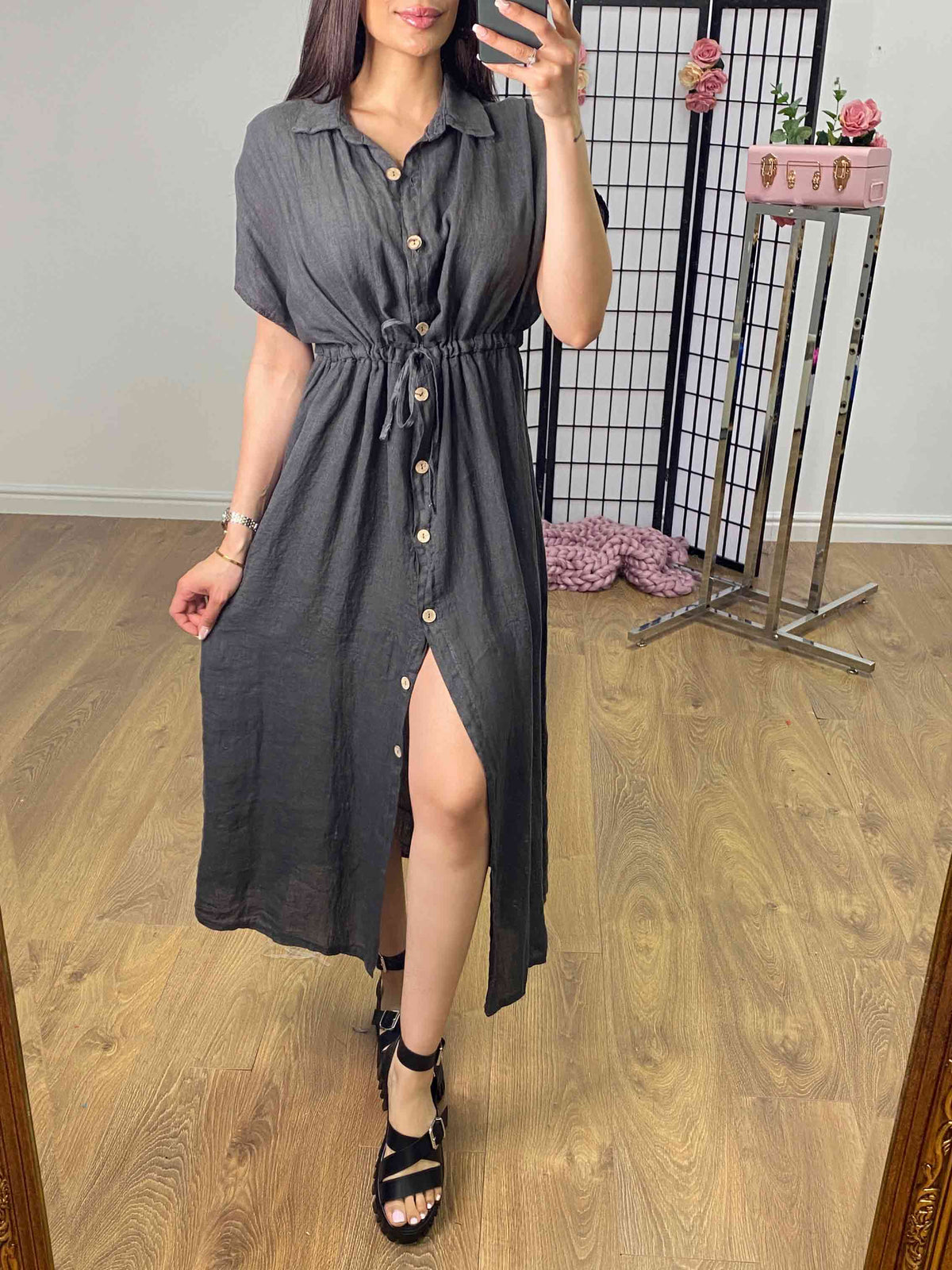 Cleris Plain Linen Button Front Dress