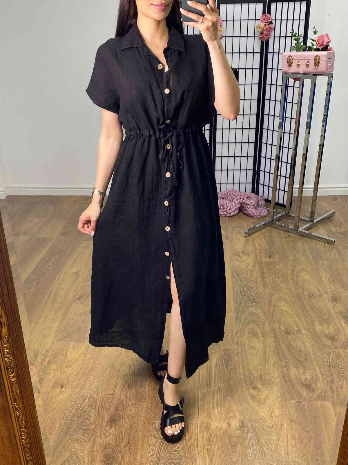Cleris Plain Linen Button Front Dress