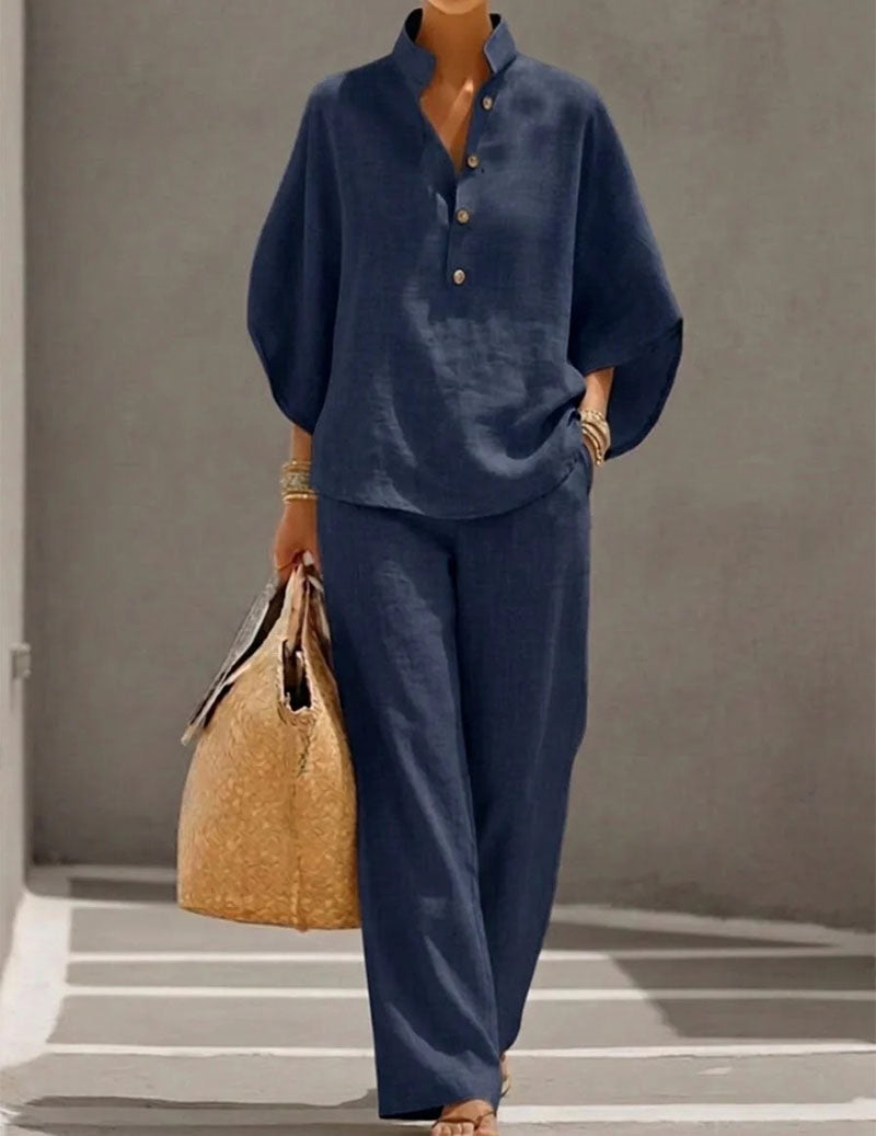 Linen Two Piece Set Mandarin Collar Batwing Sleeve Top & Wide Leg Pants