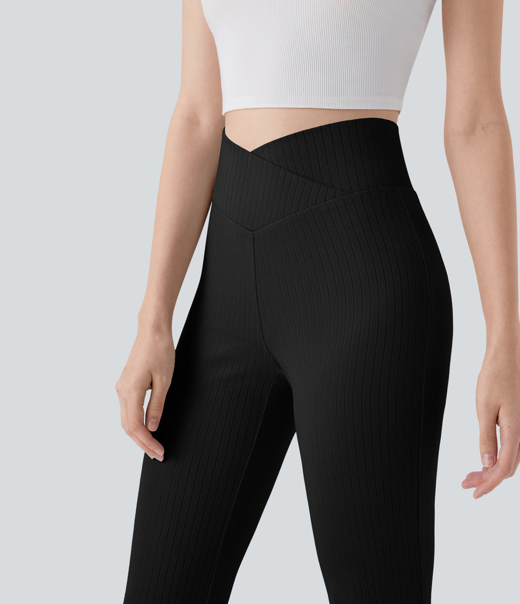 Ribbed Knit Crossover High Waisted Casual Flare Pants with Pocket