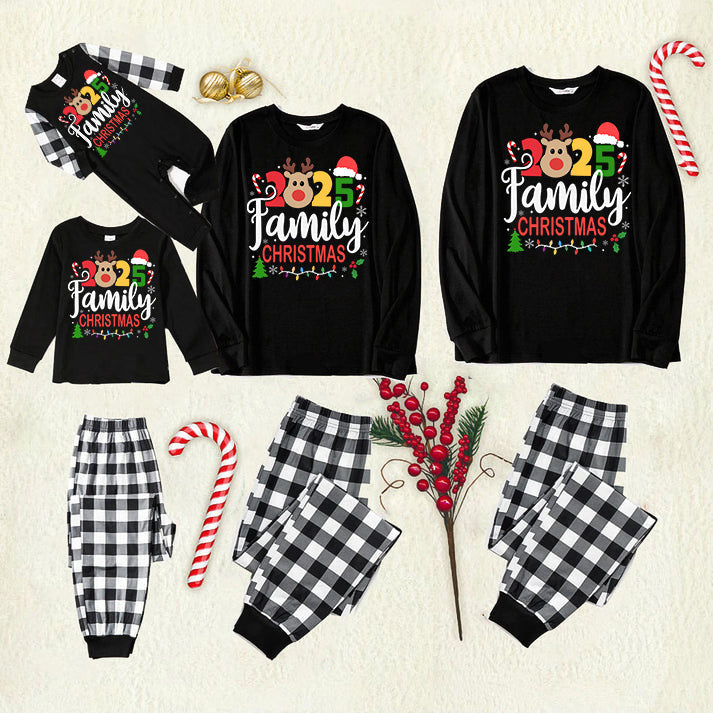 "Family Christmas 2025" Text and Deer Prints Black Long Sleeve Top with Black And White Plaid Pants Family Matching Pajamas