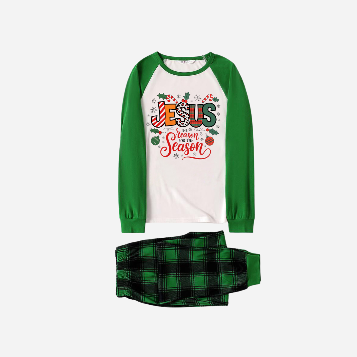 "Jesus is the REASON for the Season" Matching Christmas Pajamas Set - Green Raglan Top and Green Plaid Pants Pajamas