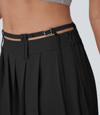 Mid Rise Belted Asymmetric Pleated Mini Casual Skirt