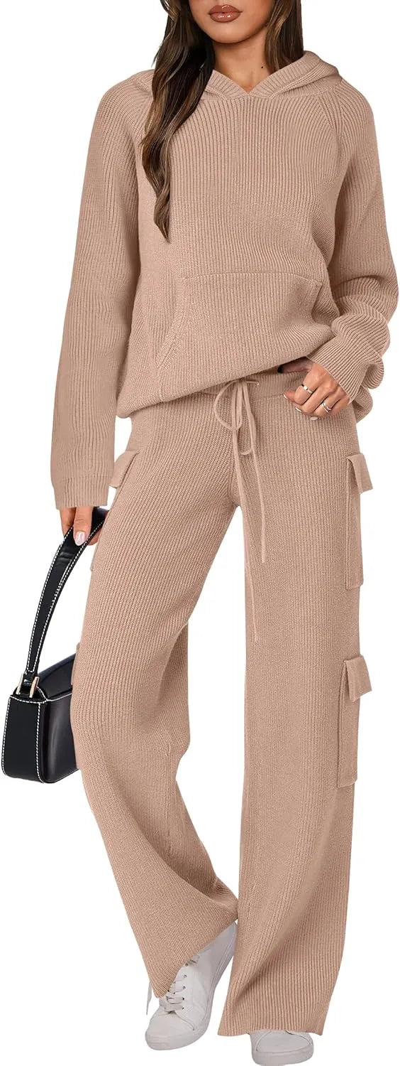🎄Christmas Clearance 🔥 Women’s Two Piece Outfits Casual Knit Hooded Sweater Straight Leg Pants Set