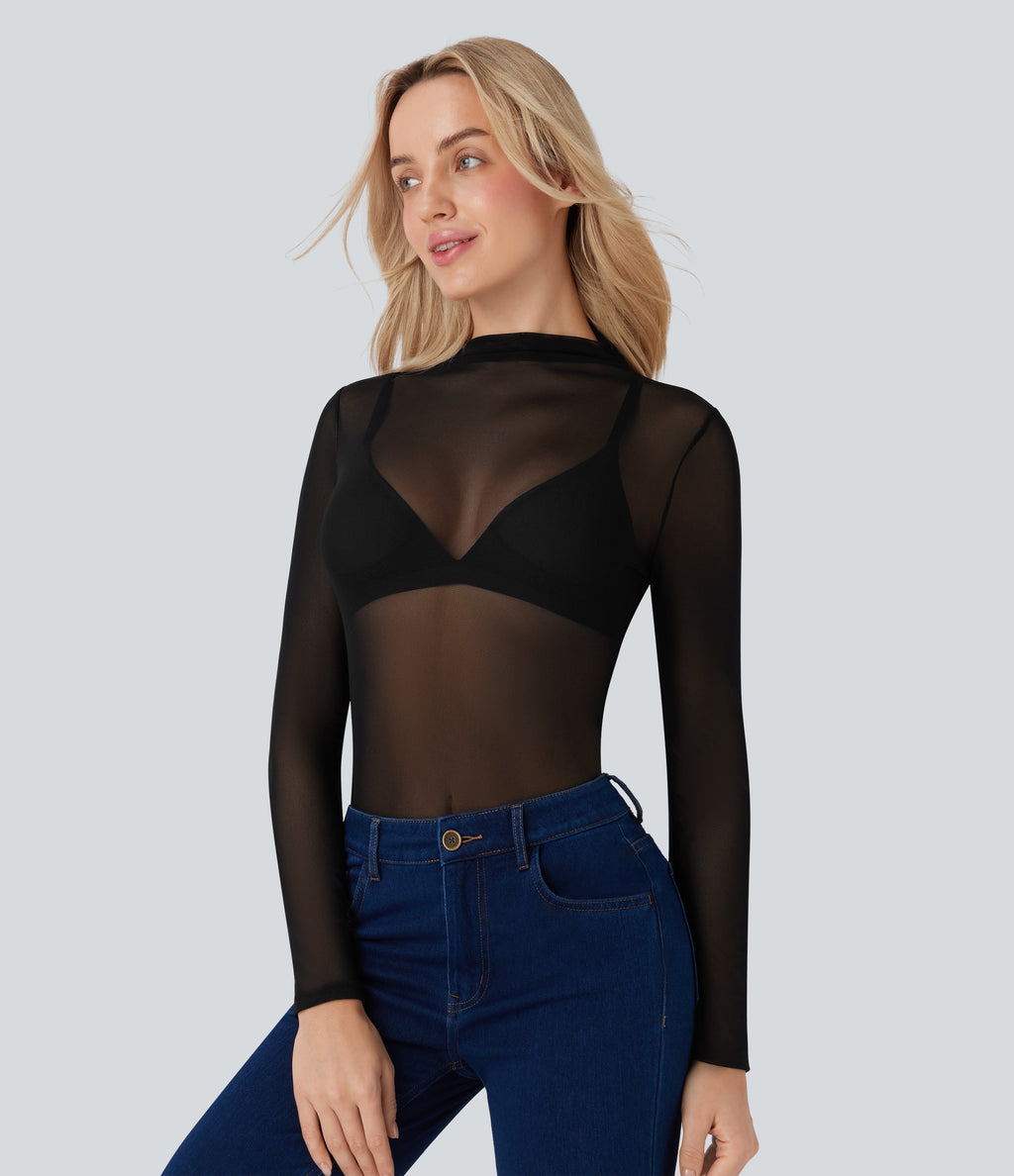 Sheer Mesh Mock-neck Snap Casual Bodysuit